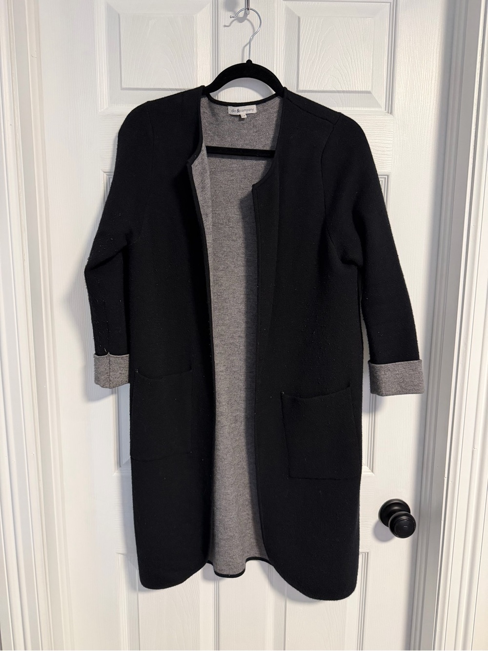 Black Long Open-Front Cardigan with Gray Lining
